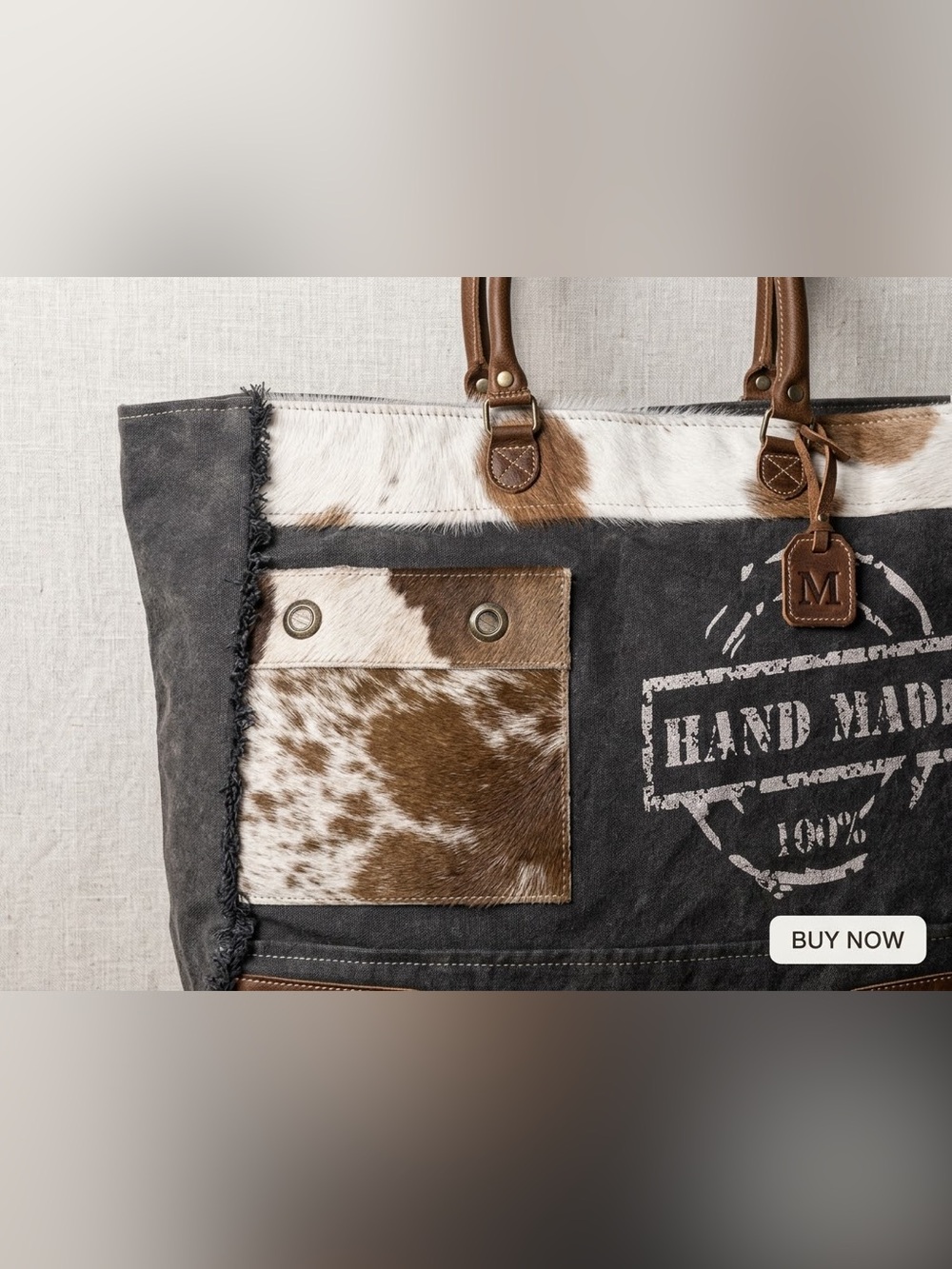 Myra Bag Gray Canvas Duffel with Brown Leather & Cowhide Accents Large